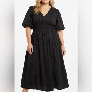 Old Navy Deep Vee Blackjack Black Cotton Puffed Sleeve Midi Dress XXL Tall